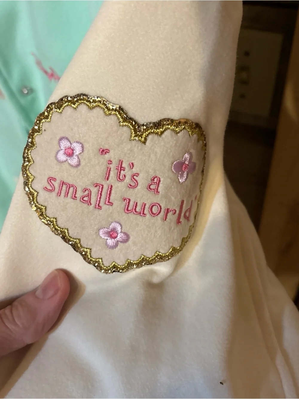 Celebrity Pink Mint, Cream & Pink Varsity Jacket - 'It's a Small World' Patch